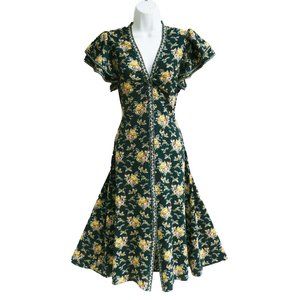 Y2K Floral Midi Dress Max Studio Green ALine Puffy Ruffle Sleeves Farmhouse Boho